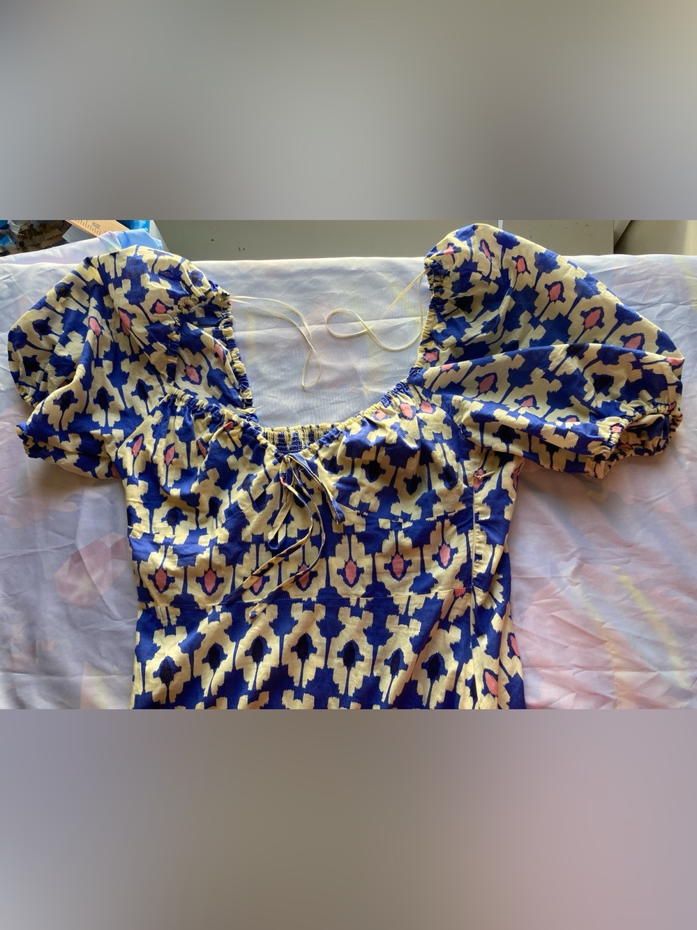 Graphic 100% Cotton Blue & Pink Patterned Puff-Sleeve Maxi Dress | Zara - Picture 10 of 15